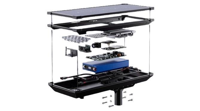Exploded view of the Eyes of Solar unit showing its solar panel, lighting, electronics, battery and mounting components
