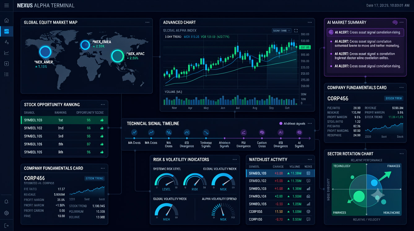 Dark Nexus Alpha Terminal dashboard showing market map, chart, signals, risk indicators and watchlist activity